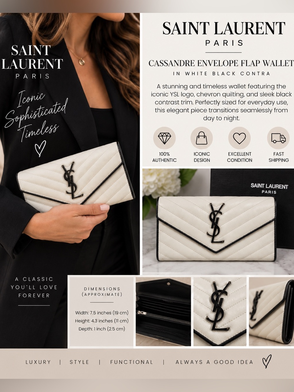 YSL Saint Laurent Cassandre Matelassé Large Flap Wallet White Black - Picture 2 of 16